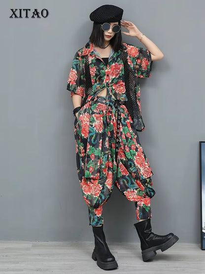 XITAO Hollow Out Asymmetrical Print Sets Turn-down Collar Loose Short Sleeve Personality Elastic Waist Woman Sets GYX1664