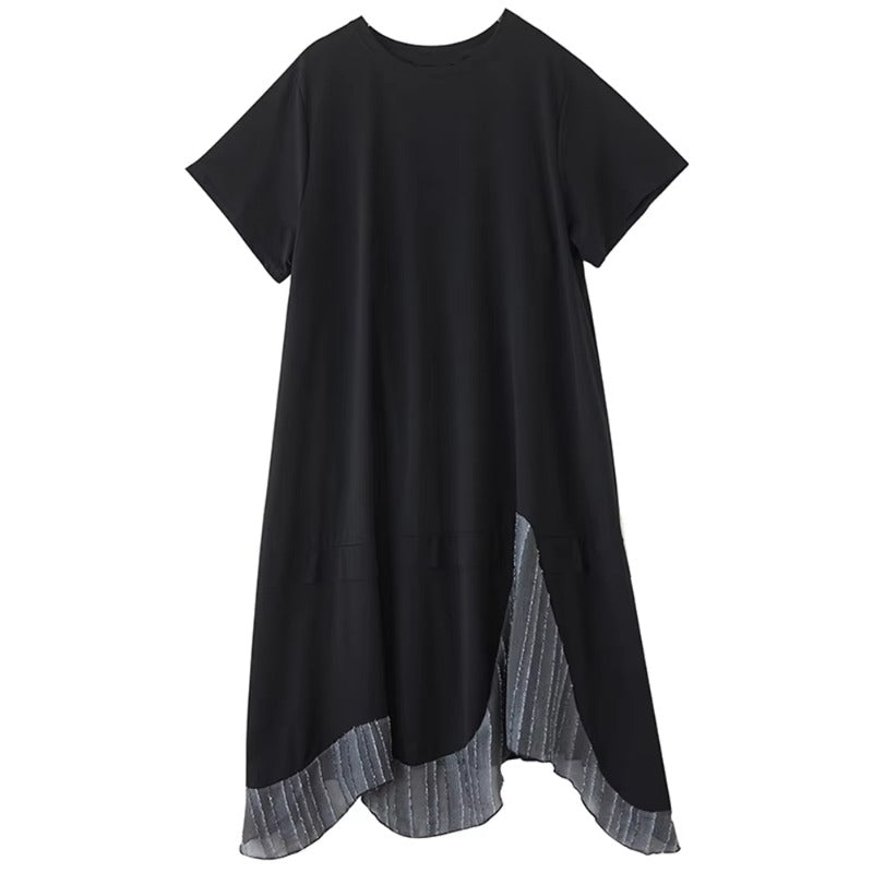 XITAO Patchwork Asymmetrical Black Dress Loose Casual Slimming Temperament O-neck Simple Short Sleeve Summer Woman Dress ZMY1385