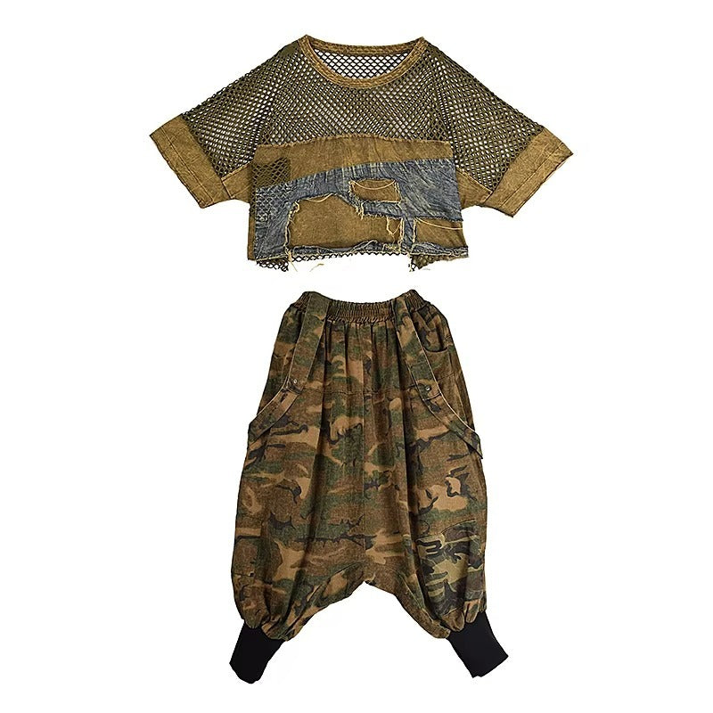 XITAO Patchwork Hollow Out Denim Sets O-neck Loose Casual Short Sleeve Pocket Elastic Waist Two-piece Personality Sets GYX1663