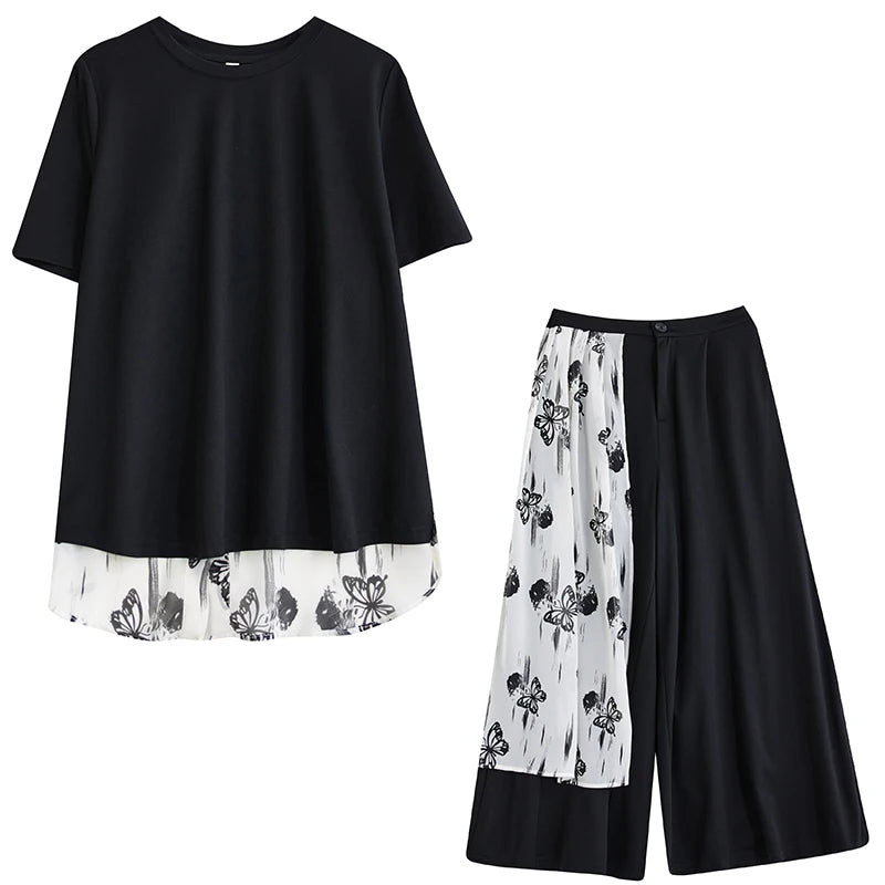 XITAO Butterfly Patchwork Female Sets Pullovers Personality Elegant Print O-neck Wide Leg New Arrival Woman Summer Sets ZMY1284
