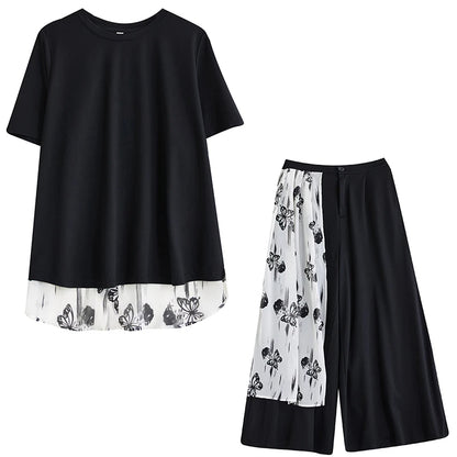 XITAO Butterfly Patchwork Female Sets Pullovers Personality Elegant Print O-neck Wide Leg New Arrival Woman Summer Sets ZMY1284