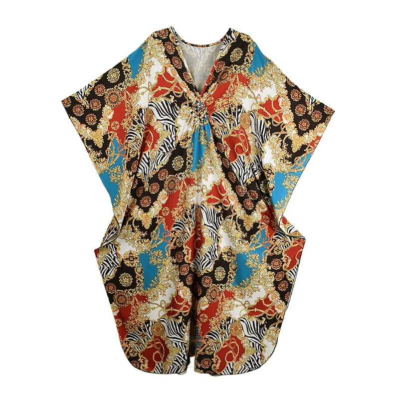 XITAO Bat Wing Sleeve V-neck Loose Dress Side Slit Vintage Print Pullover Temperament Summer Woman Ankle-length Dress GJ1188
