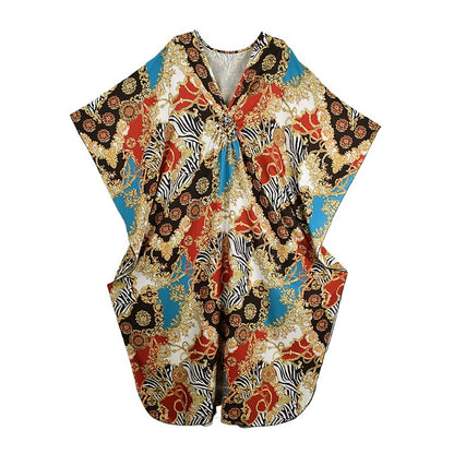 XITAO Bat Wing Sleeve V-neck Loose Dress Side Slit Vintage Print Pullover Temperament Summer Woman Ankle-length Dress GJ1188