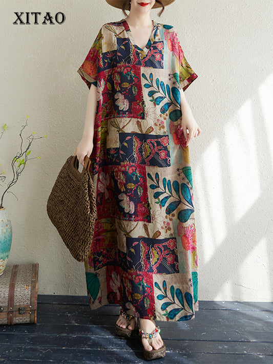 XITAO Print V-neck Dress Casual A-line Loose Fitting Batwing Sleeve Comfortable Summer Women Dress ZMY1112