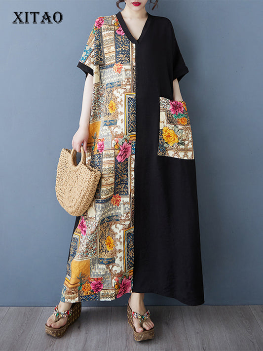 XITAO Asymmetrical Print Patchwork Pocket Dress V-neck Loose Fitting Half Sleeve A-line Summer Women Dress ZMY1117