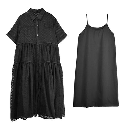 XITAO A-line Patchwork Loose Female Dress Solid Color Hollow Out Turn-down Collar New Arrival Woman Summer Dress ZMY1260