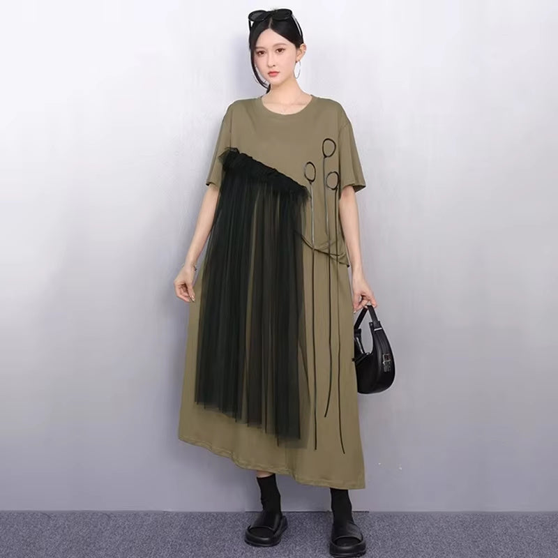 XITAO Irregular Solid Color Loose Dress O-neck Short Sleeve Gauze Patchwork Short Sleeve Elegant Summer Woman Dress ZMY1376