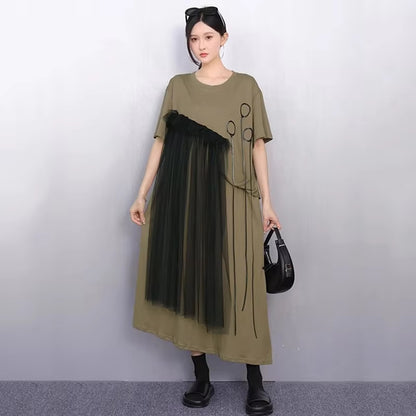 XITAO Irregular Solid Color Loose Dress O-neck Short Sleeve Gauze Patchwork Short Sleeve Elegant Summer Woman Dress ZMY1376