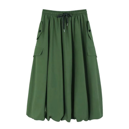 XITAO Pocket Pleated Drawstring Skirts Solid Color Button A-line Loose Casual Personality Slimming Summer Woman Skirts ZMY1301