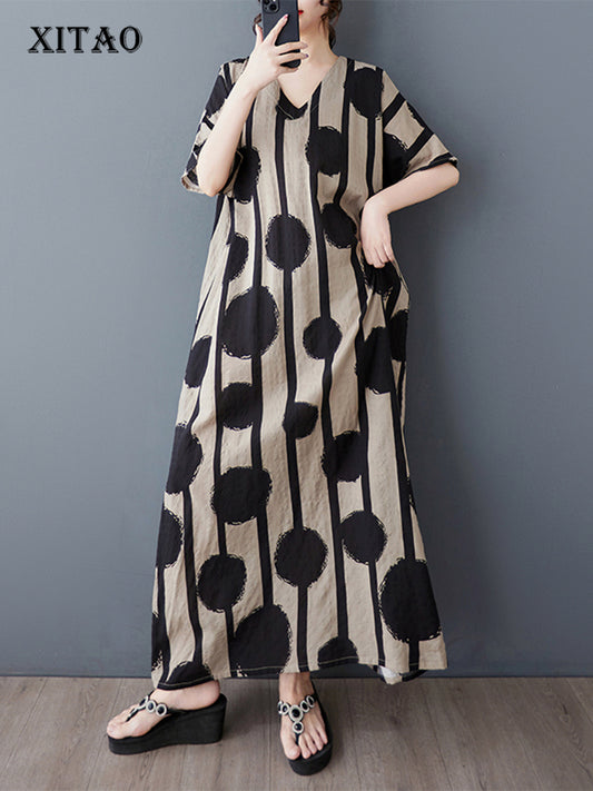 XITAO Polka Dot V-neck Dress Vintage Casual Loose Fitting Half Sleeve A-line Thin Simple Pullover Women Dress ZMY1090