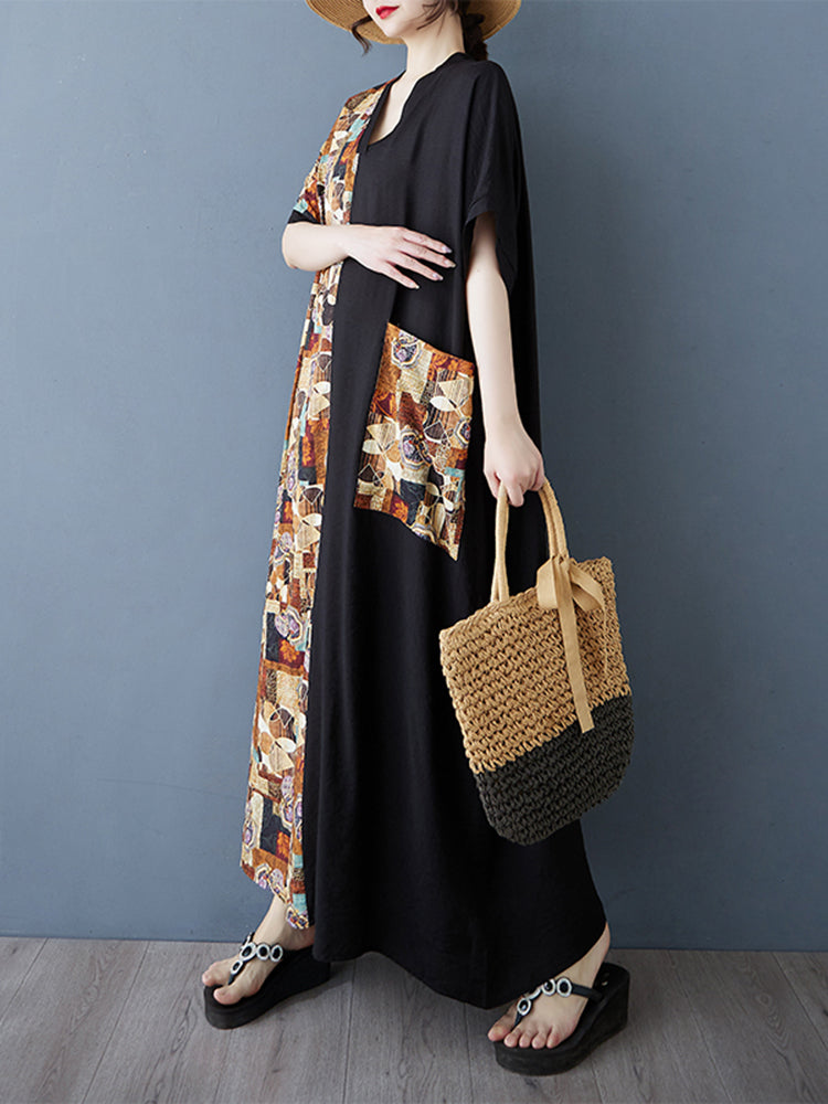 XITAO V-neck Pullover Short Sleeve Pocket Dress Contrast Color Patchwork Loose All Match Summer Slimming Women Dress ZMY1084