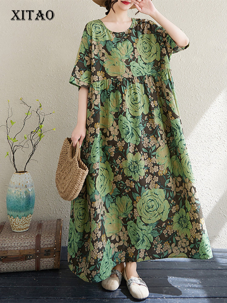 XITAO Print Floral Pleated Dress Casual Loose Fitting Bohemian Style O-neck A-line Slimming Summer Women Dress ZMY1082