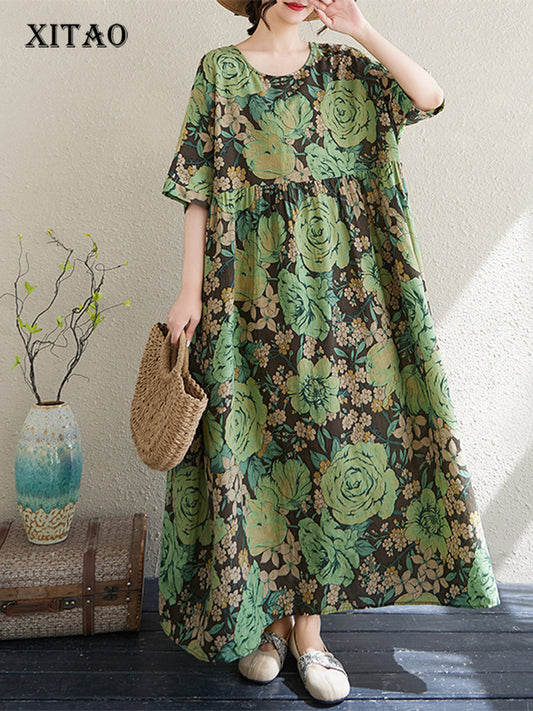 XITAO Print Floral Pleated Dress Casual Loose Fitting Bohemian Style O-neck A-line Slimming Summer Women Dress ZMY1082