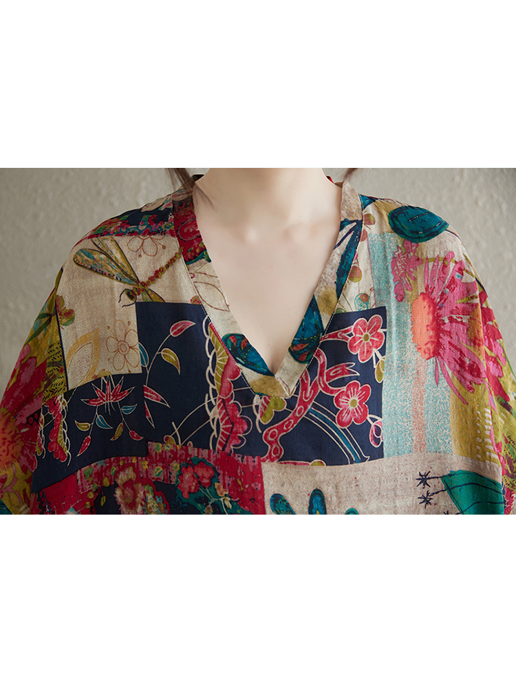 XITAO Print V-neck Dress Casual A-line Loose Fitting Batwing Sleeve Comfortable Summer Women Dress ZMY1112
