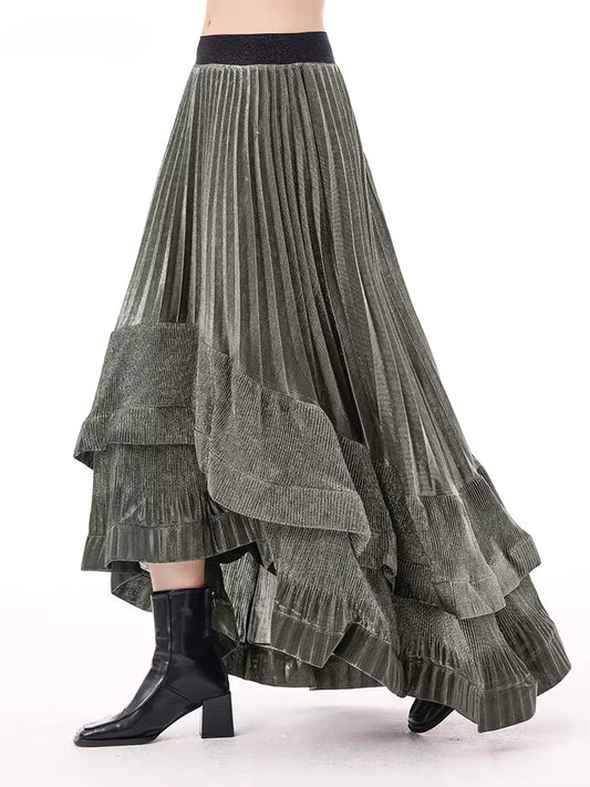 XITAO Asymmetrical Fold Patchwork Skirts Elastic Waist Solid Color A-line Loose Vintage Slimming Temperament Skirt GYX1517