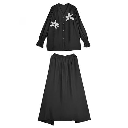 XITAO Flower Single Breasted V-neck Matching Set Casual Solid Color Full Sleeve Loose Fitting Elastic Waist Women Set GYX1632