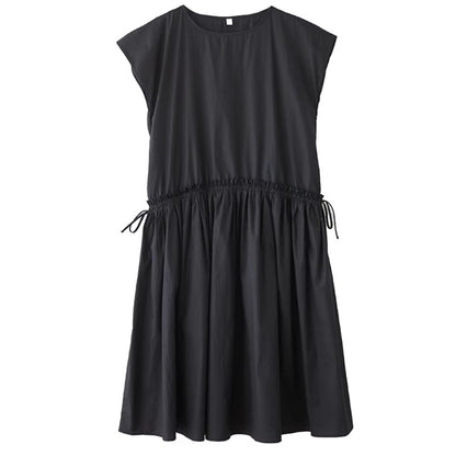 XITAO Pleated Drawstring Loose Dress Edible Tree Fungus Solid Color O-neck Casual Slimming All-match Summer Woman Dress ZMY1310