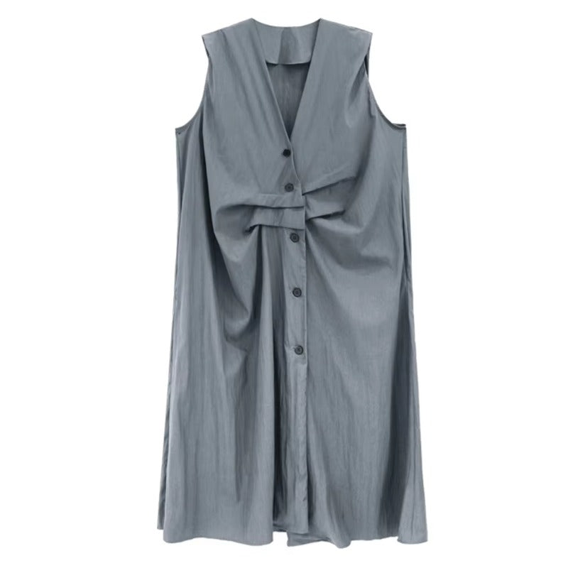 XITAO Women Sleeveless Vintage Dress V-neck Loose Casual Single Breasted Solid Color Slimming Summer Female Dress ZMY1393