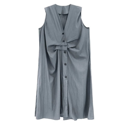 XITAO Women Sleeveless Vintage Dress V-neck Loose Casual Single Breasted Solid Color Slimming Summer Female Dress ZMY1393