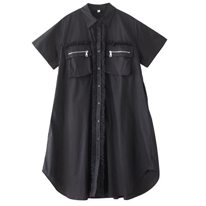 XITAO Zipper Pocket Patchwork Gauze Dress Contrast Color Turn-down Collar Short Sleeve Temperament Female Shirt Dress ZMY1354