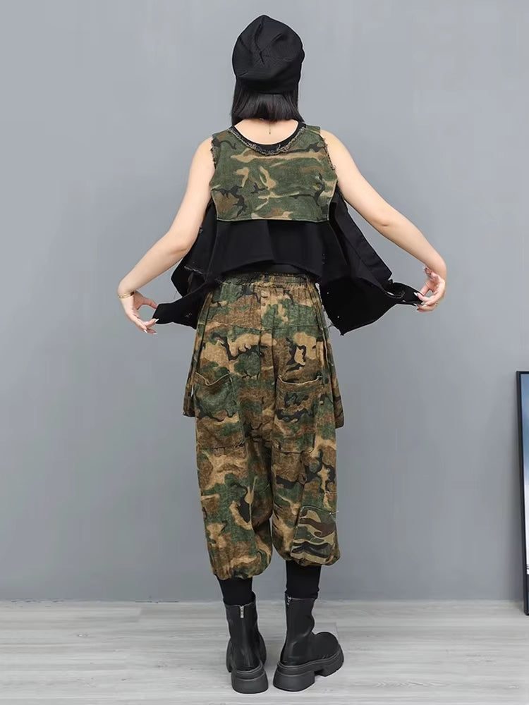 XITAO Pocket Patchwork Denim Sets Sleeveless V-neck Elastic Waist Loose Casual Two-piece Personality Summer Woman Sets GYX1665