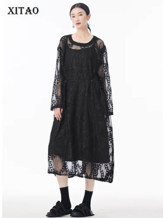 XITAO Embroidery Hollow Out O-neck Dress Casual Full Sleeve A-line Temperament Solid Color French Style Female Dress GYX1541
