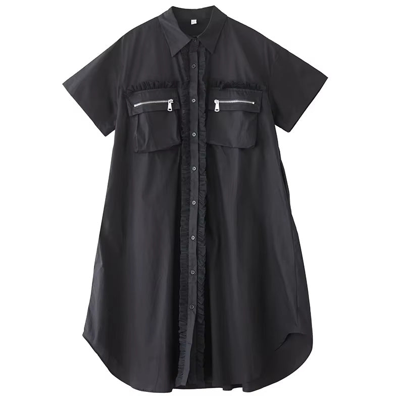 XITAO Patchwork Pocket Contrast Color Dress Turn-down Collar Single Breasted A-line Loose Fitting Simple Summer Dress ZMY1371