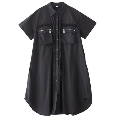 XITAO Patchwork Pocket Contrast Color Dress Turn-down Collar Single Breasted A-line Loose Fitting Simple Summer Dress ZMY1371