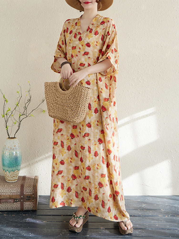 XITAO Pullover Print Vintage Batwing Sleeve Dress V-neck Loose Slimming Ankle-Length Vacation Style Travel All Match Dress ZMY1001