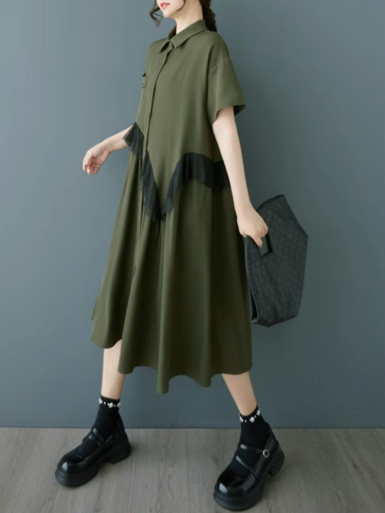 XITAO Single Breasted Mesh Patchwork Dress Turn-down Collar Casual Solid Color Short Sleeve A-line Summer Women Dress ZMY1198