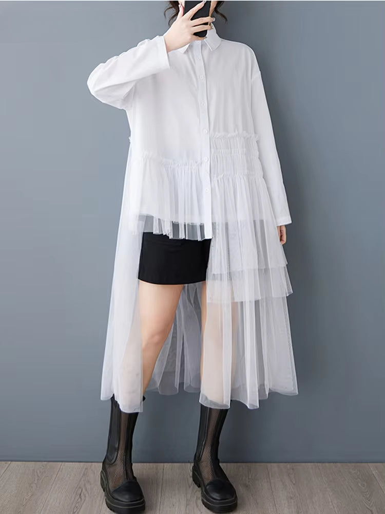 XITAO Irregular Patchwork Mesh Pleated Dress Casual Turn-down Collar Single Breasted Buckle Full Sleeve New Women Dress GYX1509