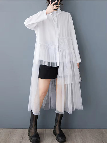 XITAO Irregular Patchwork Mesh Pleated Dress Casual Turn-down Collar Single Breasted Buckle Full Sleeve New Women Dress GYX1509