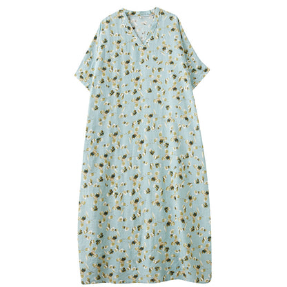 XITAO Vacation Style Loose V-neck Dress Print Pullover Batwing Sleeve Vintage Slimming Ankle-Length All Match Dress  ZMY1002