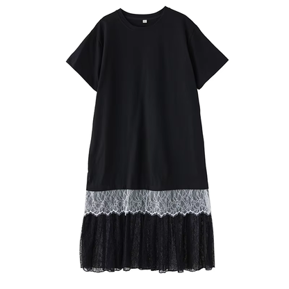XITAO Gauze Patchwork Lace Contrast Color Pullover Dress O-neck Short Sleeve Loose A-line Mid-calf Casual T-shirt Dress HQQ2474