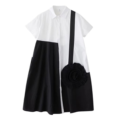 XITAO Three-dimensional Decoration Flower Dress Contrast Color Patchwork Turn-down Collar Loose Summer Woman Dress ZMY1397