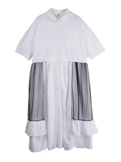 XITAO Patchwork Gauze Irregular Female Dress Turn-down Collar Single Breasted Loose Ruffles Summer Woman Shirt Dress ZMY1229