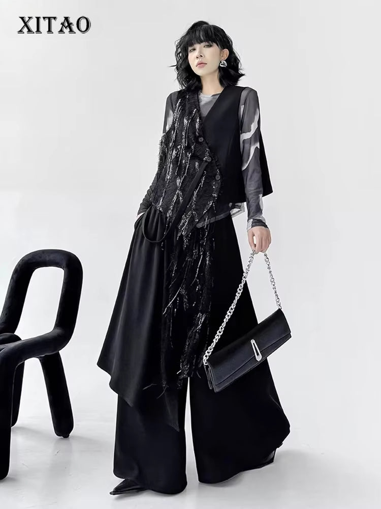 XITAO Sequins Patchwork Sleeveless Pant Sets Irregular Single Breasted V-neck Vest Elastic Waist Pocket Loose Pant ZY8939