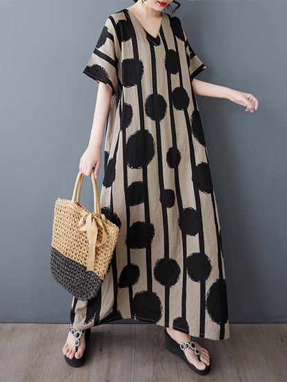 XITAO Polka Dot V-neck Dress Vintage Casual Loose Fitting Half Sleeve A-line Thin Simple Pullover Women Dress ZMY1090
