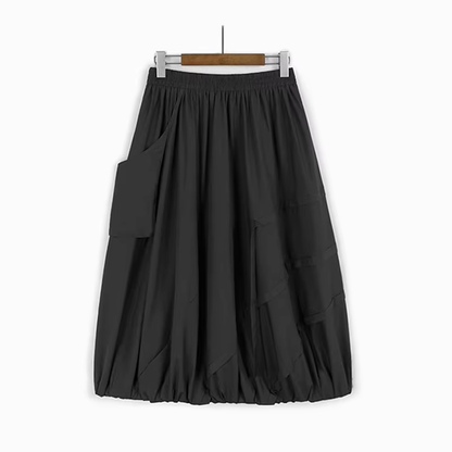 XITAO Bud Pocket Elastic Waist Skirt A-line Casual Loose Fit Solid Color Pleated Fashion Patchwork Summer Women Skirt HQQ2470