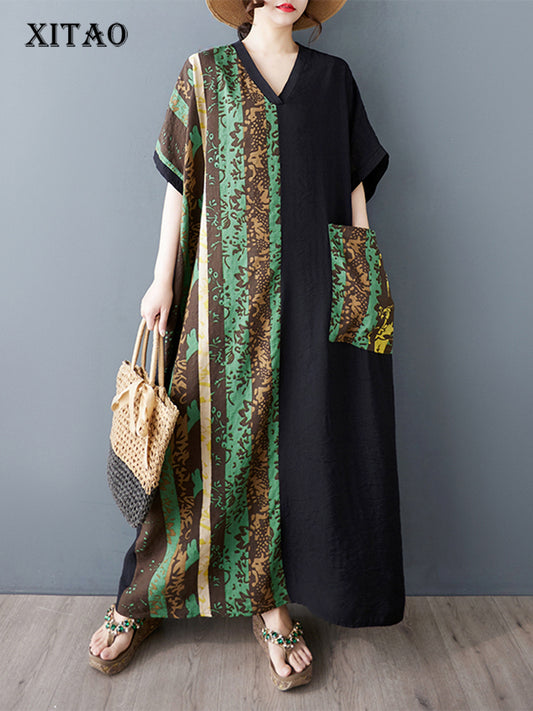 XITAO Contrast Color Patchwork Dress Casual Pocket Half Sleeve Loose V-neck Thin Summer Fitting Women Dress ZMY1014