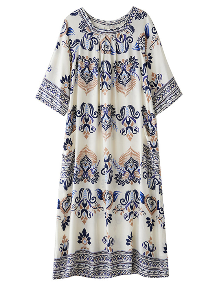 XITAO Print Half Sleeve Dress Casual A-line O-neck Simple Pullover Ethnic Style Personality Loose Fitting Women Dress ZMY1097