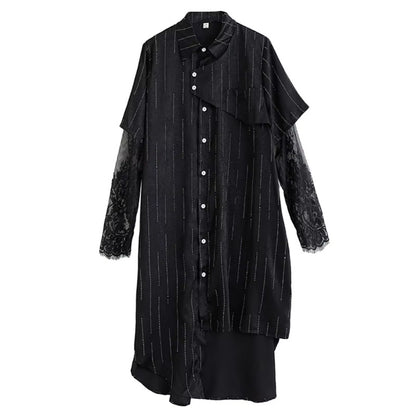 XITAO Irregular Patchwork Mesh Single Breasted Dress Loose Fitting Thin Fashion Stripe Pocket Lapel Summer Female Dress ZMY1346