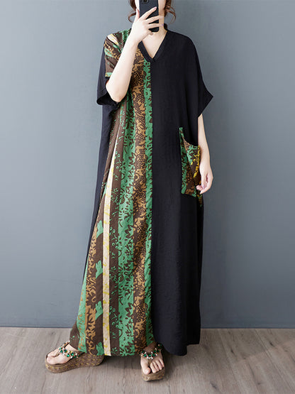 XITAO Contrast Color Patchwork Dress Casual Pocket Half Sleeve Loose V-neck Thin Summer Fitting Women Dress ZMY1014