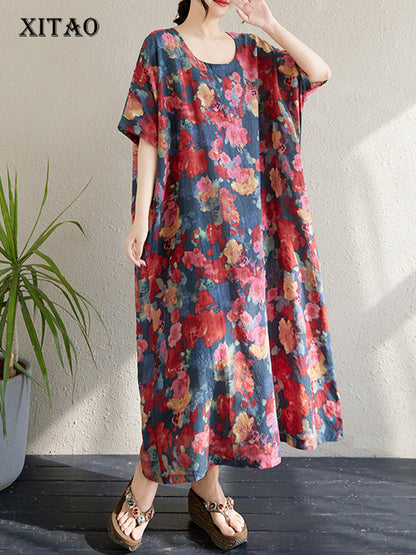 XITAO Print O-neck Dress Loose Half Sleeve Comfortable Slimming Pullover Elegant Summer Female Dress ZMY1096