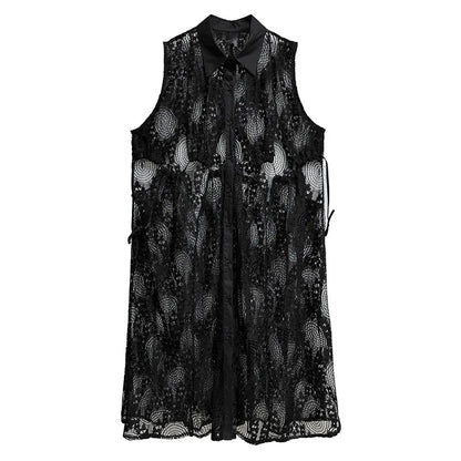 XITAO Lace Patchwork Sleeveless Dress Casual A-line Hollow Out Solid Color New Personality Turn-down Collar Women Dress GYX1661