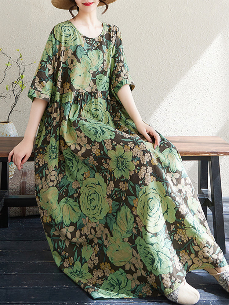 XITAO Print Floral Pleated Dress Casual Loose Fitting Bohemian Style O-neck A-line Slimming Summer Women Dress ZMY1082