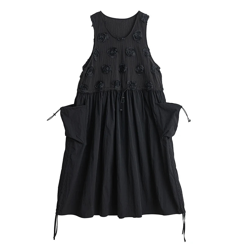 XITAO Pocket Draw String Sleeveless Fenake Dress Three-dimensional Flower Loose O-neck Solid Color Summer Woman Dress ZMY1275