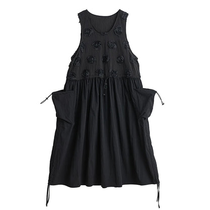 XITAO Pocket Draw String Sleeveless Fenake Dress Three-dimensional Flower Loose O-neck Solid Color Summer Woman Dress ZMY1275