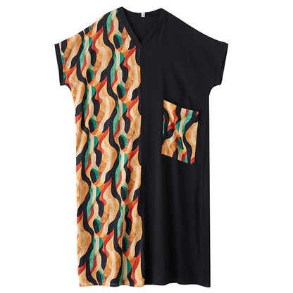XITAO Print Patchwork Pocket Dress Short Sleeve Pullover Loose V-neck Casual Slimming Ankle-Length All Match Dress ZMY1085
