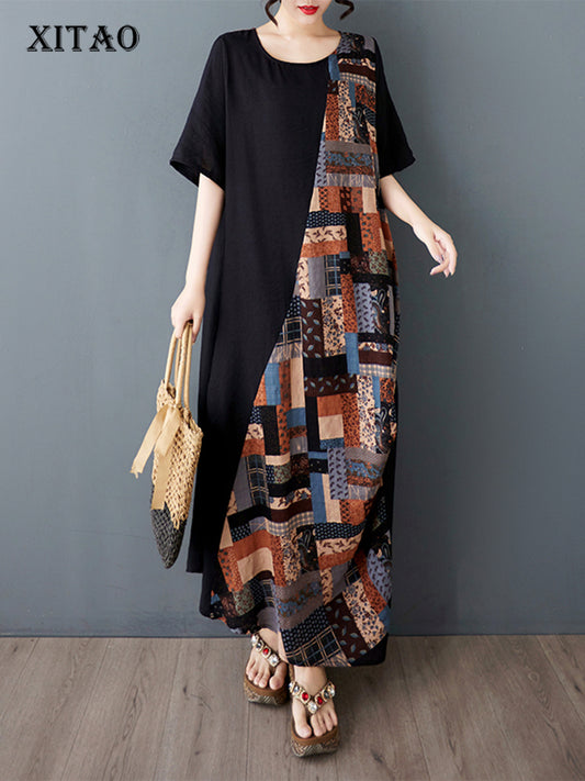 XITAO Asymmetrical Patchwork Dress O-neck Print A-line Half Sleeve Comfortable Pullover Summer Women Dress ZMY1130